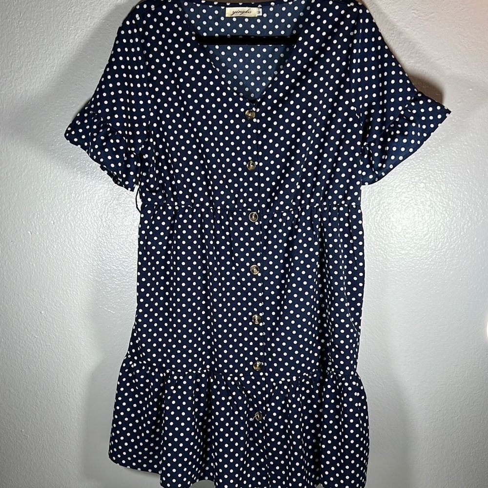 Yingkis Women’s Blue & White Polka Dot V-Neck Swing Dress. Blue & White. Size Me